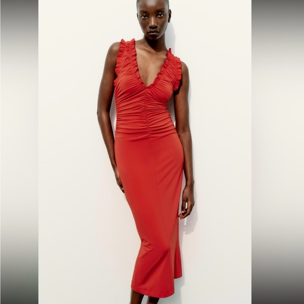 Zara Red Midi Dress with ruffles NWT